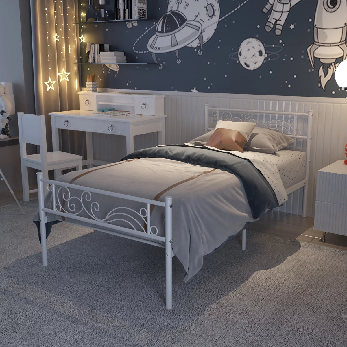 White Metal Twin Size Platform Bed Frame with Wave Headboard M14680