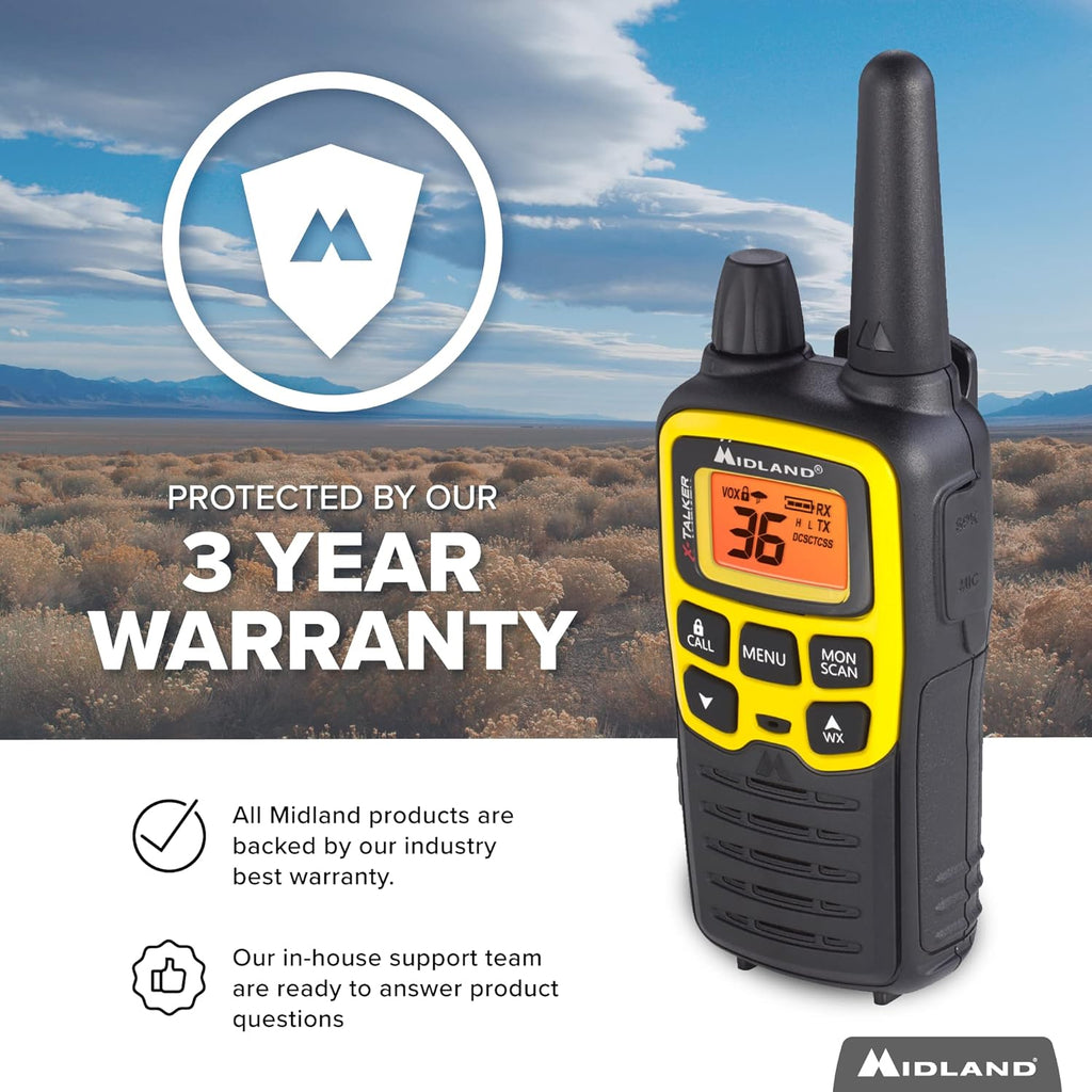 36 Channel FRS Two-Way Radio, 121 Privacy Codes, NOAA Weather Scan + Alert, Black/Yellow, 2-Pack E43138