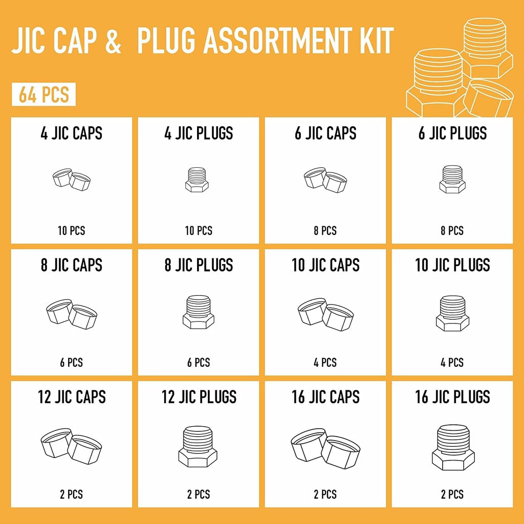 64 Piece JIC 37° Flare Cap and Plug Kit Galvanized Steel Fitting Set R343669