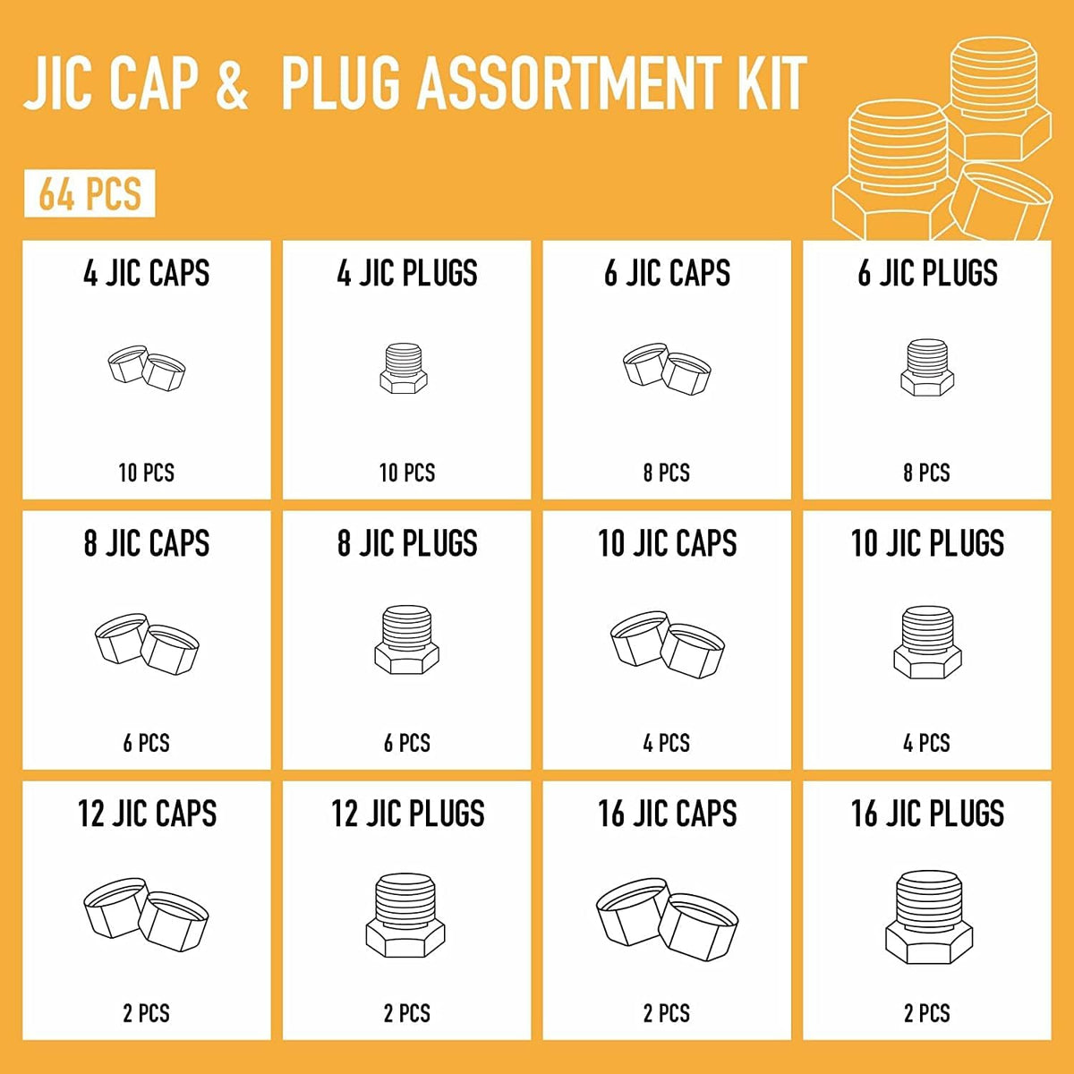 64 Piece JIC 37° Flare Cap and Plug Kit Galvanized Steel Fitting Set R343669