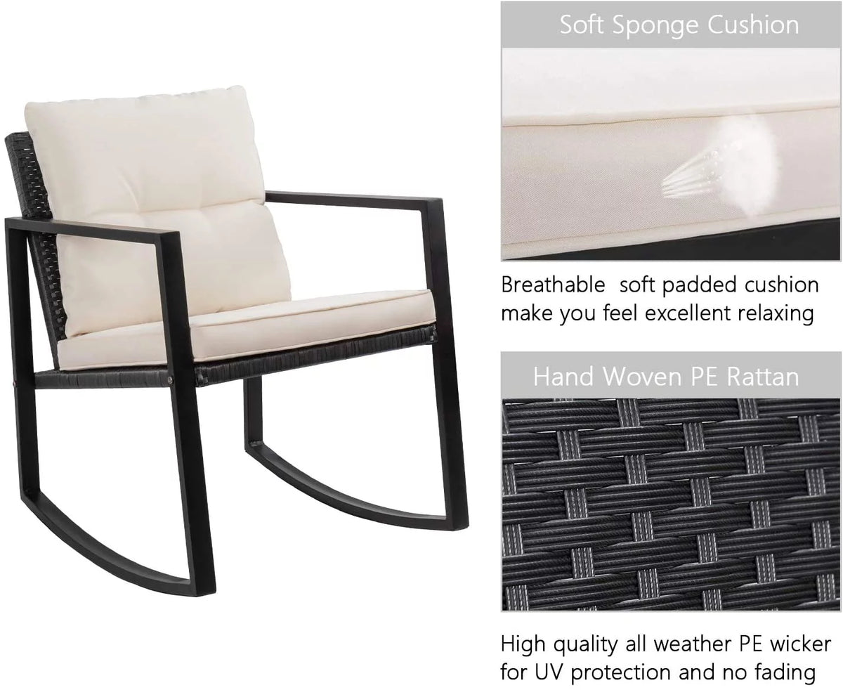 3 Pieces Cushioned PE Rattan Rocking Bistro Set with Glass Coffee Table Y16914