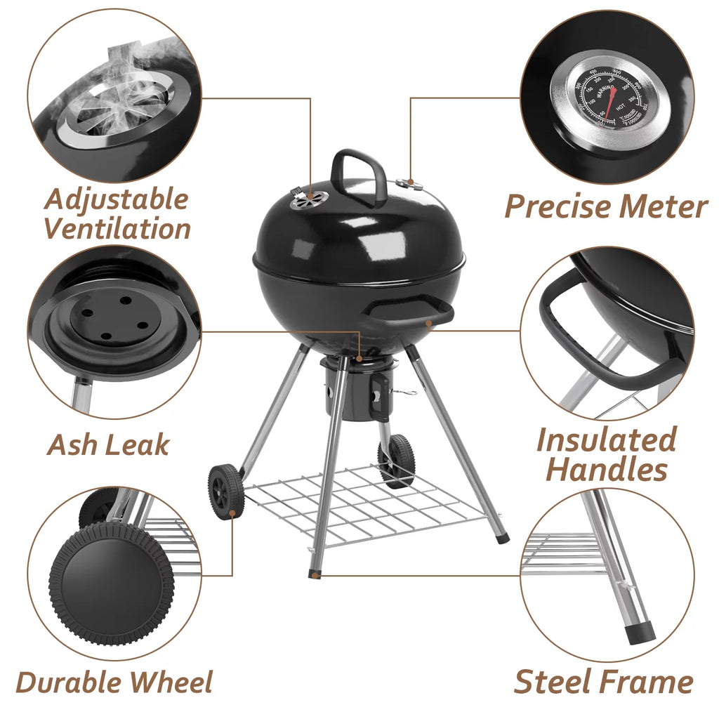 29” Black Outdoor Charcoal Grill with Side Shelf and Wheels L98071