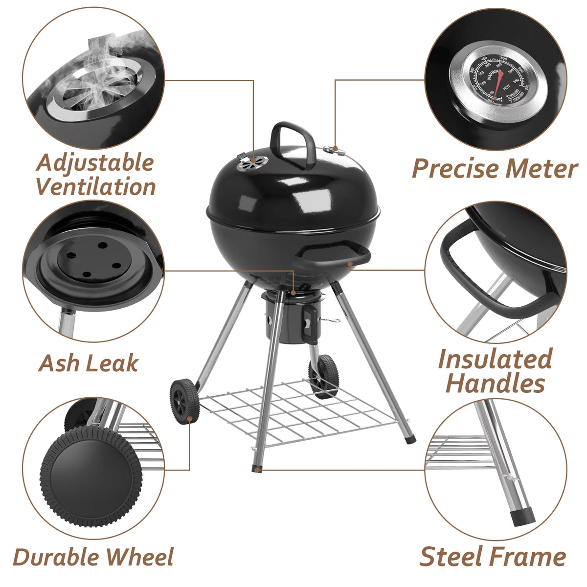 29” Black Outdoor Charcoal Grill with Side Shelf and Wheels L98071