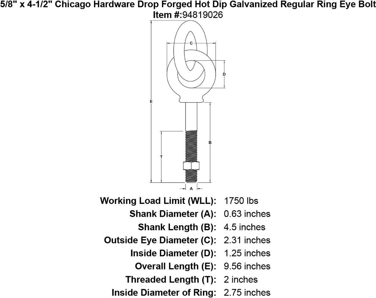 5/8 x 4-1/2 Galvanized Ring Eyebolt M632841
