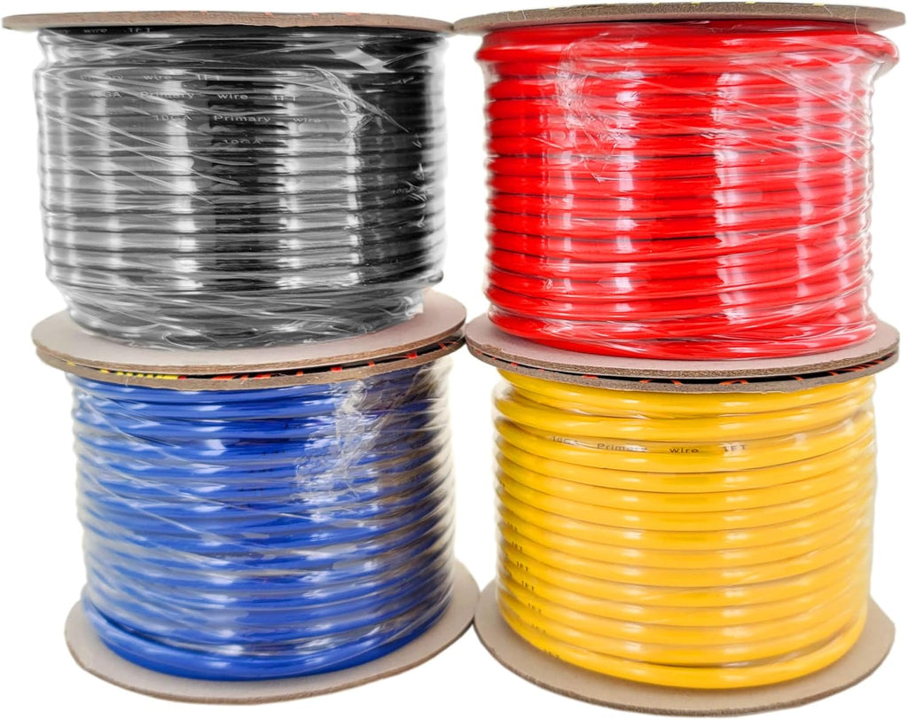 10 Gauge Stranded Copper Clad Aluminum Primary Wire, Red Black Blue Yellow 100 feet Roll Y5292