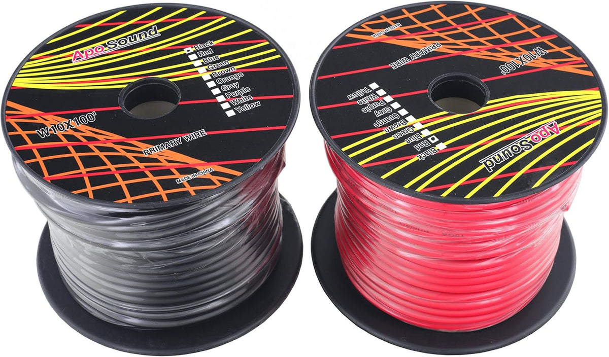 10 Gauge Stranded Copper Clad Aluminum Primary Wire, Red Black Blue Yellow 100 feet Roll Y5292