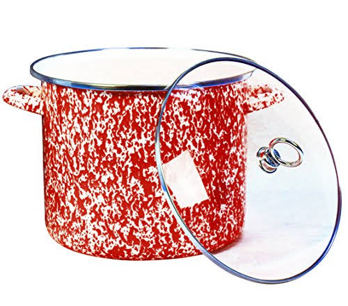 Red 8-Quart Enamel Steel Stockpot with Glass Lid E34250