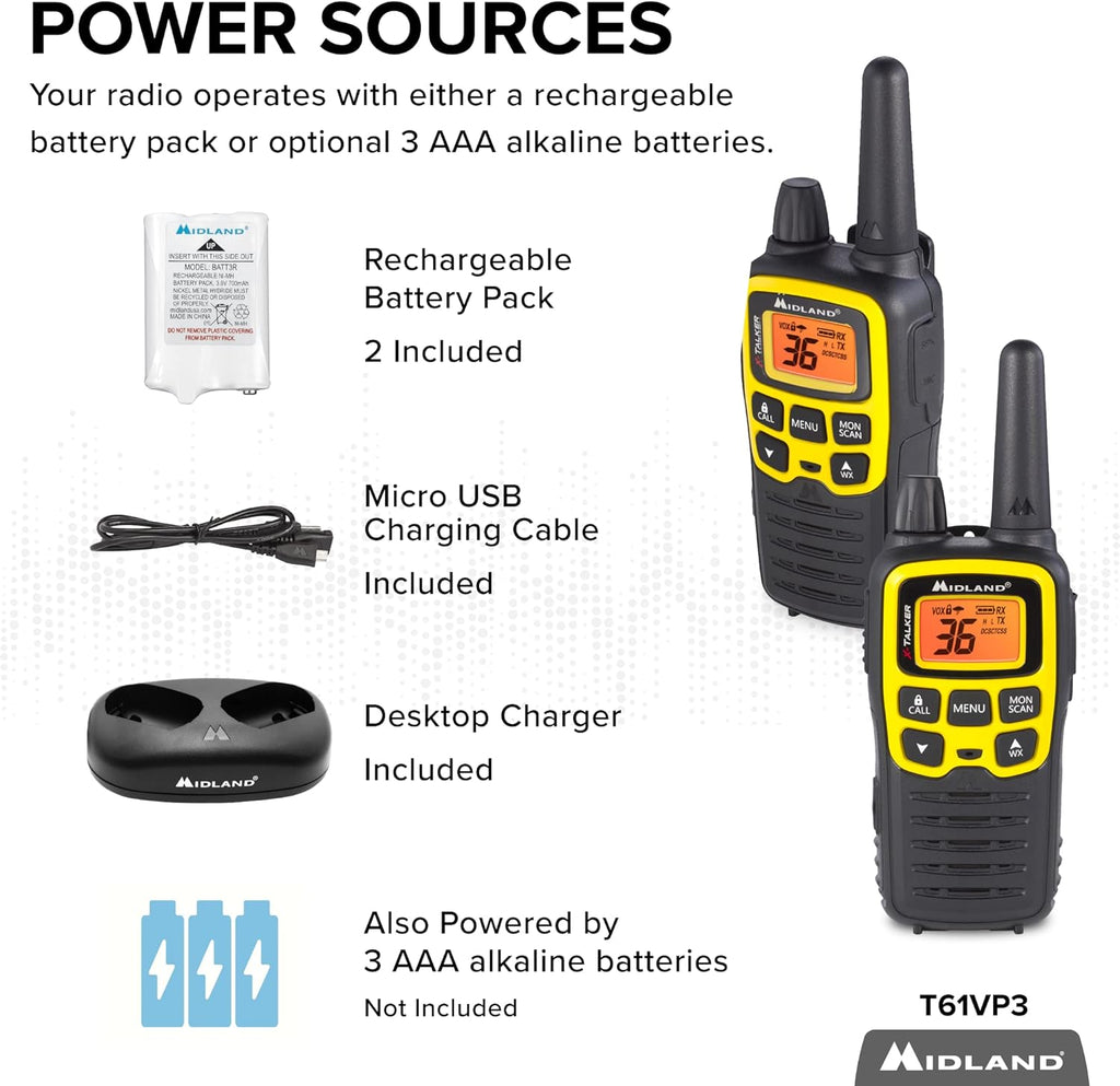 36 Channel FRS Two-Way Radio, 121 Privacy Codes, NOAA Weather Scan + Alert, Black/Yellow, 2-Pack E43138