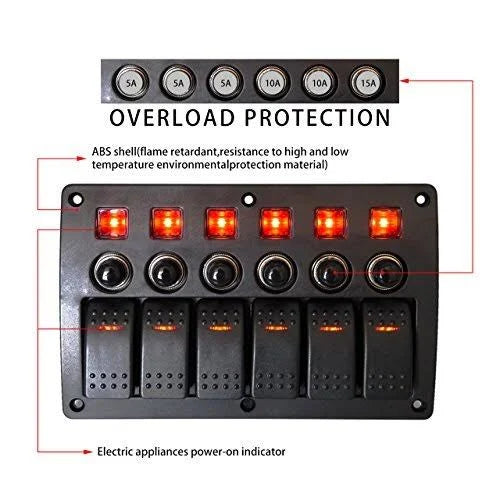 4/6/8 Gang Pre Wired Rocker Switch Panel Waterproof 12V 24V with Fuse X31252