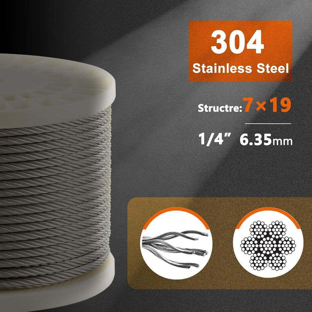 1/4 Stainless Steel Aircraft Cable with Clamps & Thimbles 200Ft D244826