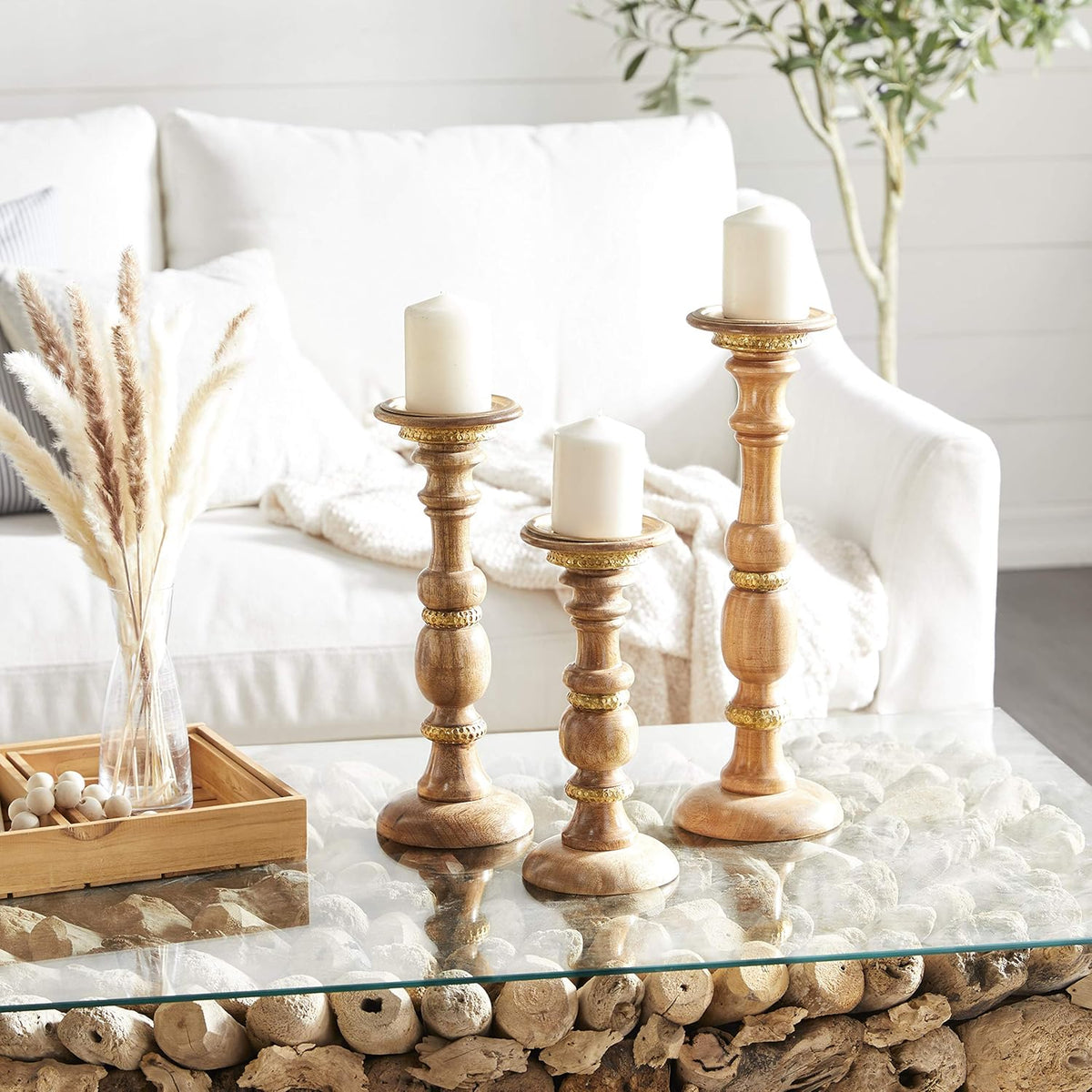 Set of 3 Blue-Washed Wood Candlestick S95282