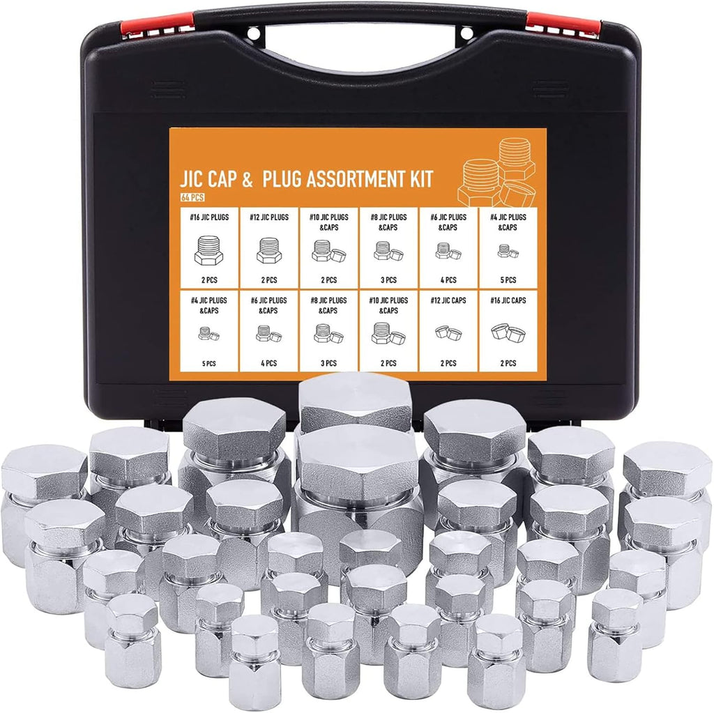 64 Piece JIC 37° Flare Cap and Plug Kit Galvanized Steel Fitting Set R343669