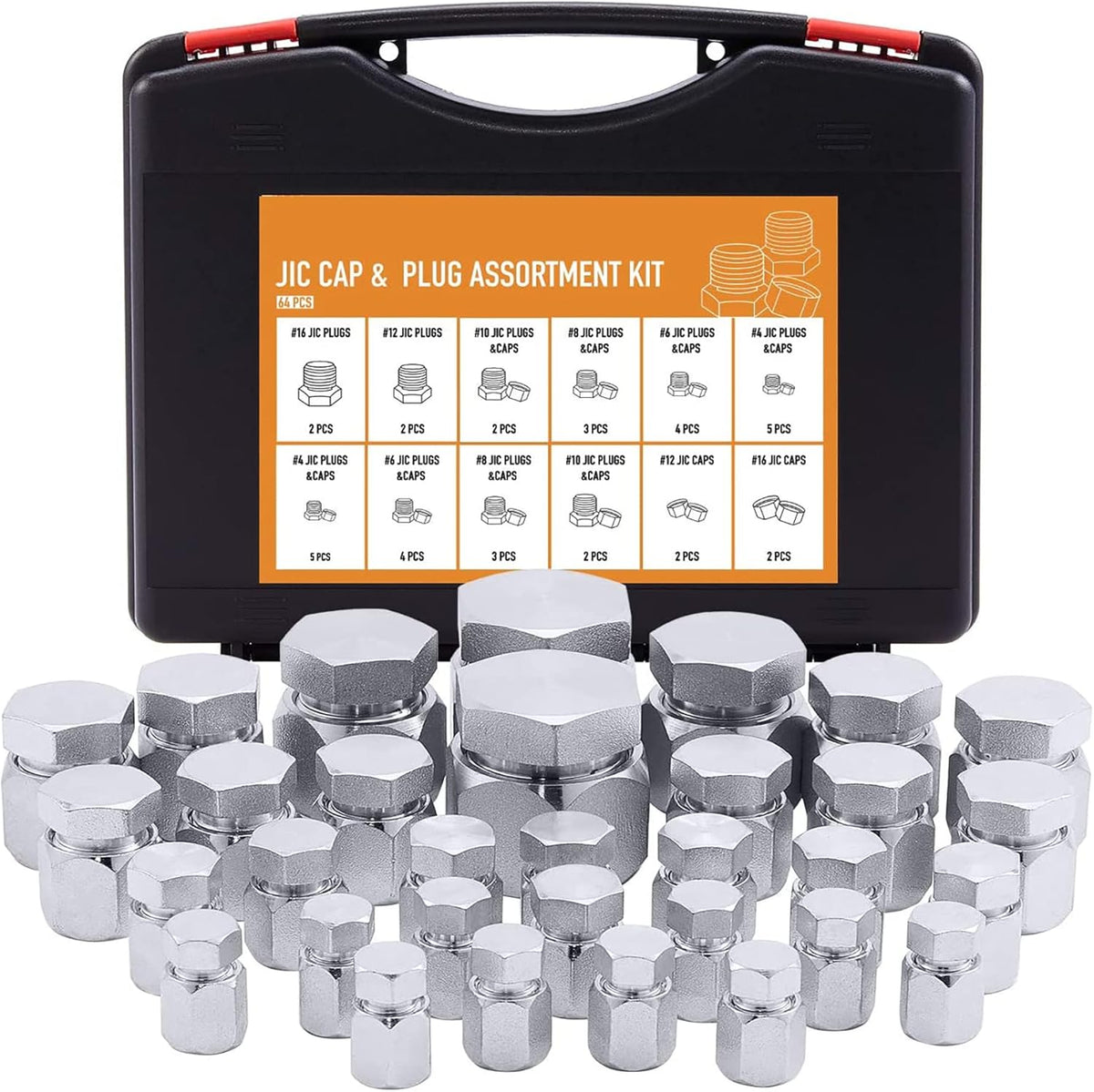 64 Piece JIC 37° Flare Cap and Plug Kit Galvanized Steel Fitting Set R343669