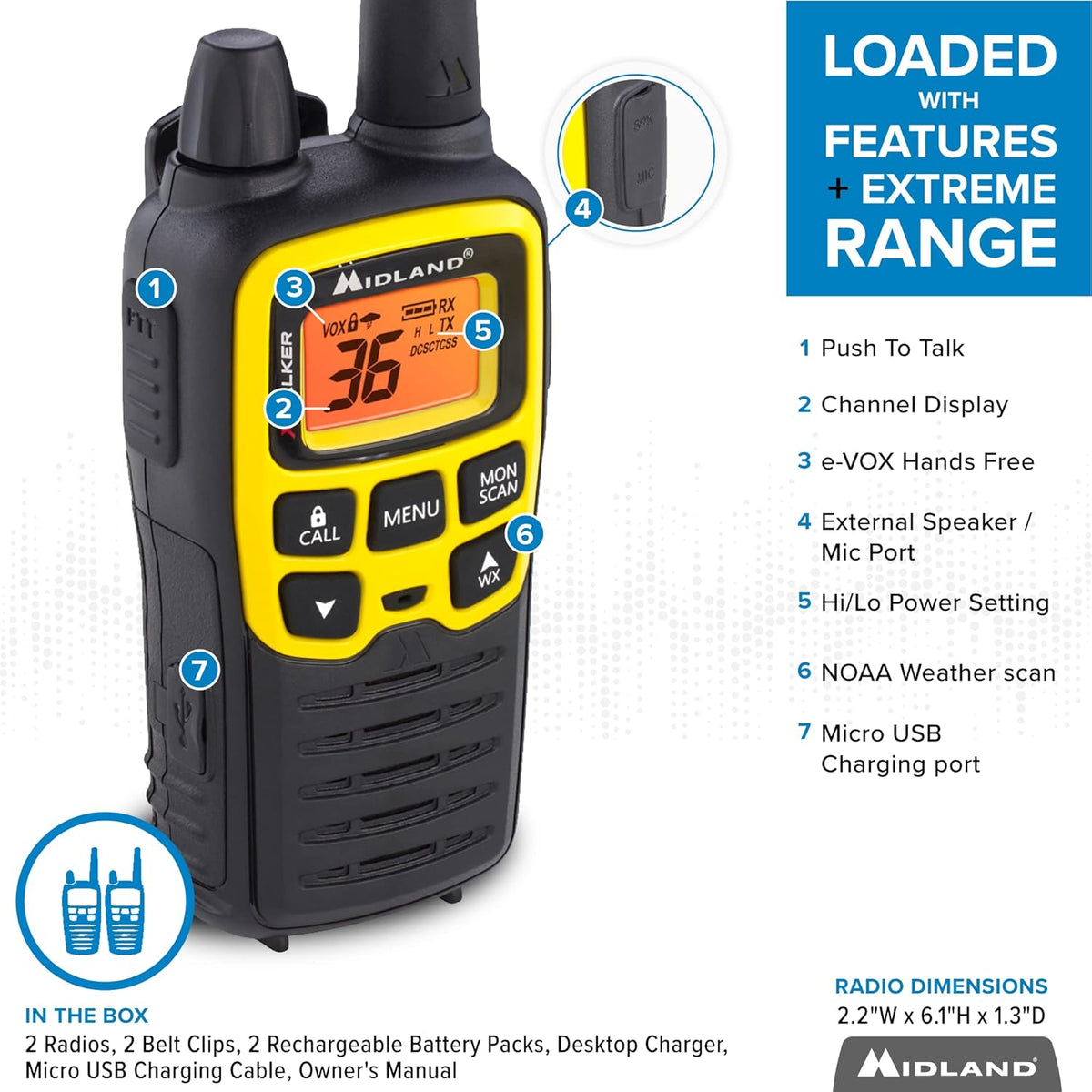 36 Channel FRS Two-Way Radio, 121 Privacy Codes, NOAA Weather Scan + Alert, Black/Yellow, 2-Pack E43138