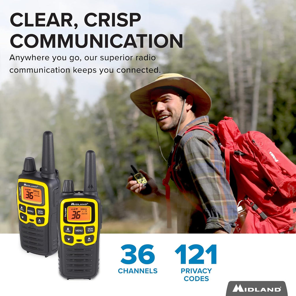 36 Channel FRS Two-Way Radio, 121 Privacy Codes, NOAA Weather Scan + Alert, Black/Yellow, 2-Pack E43138