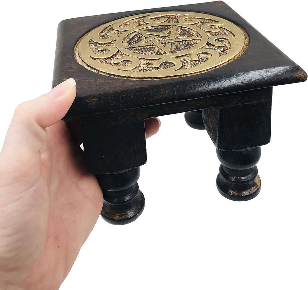 Carved Wooden Altar Table - Painted Black with Gold Design - 6 Inches Wide, 4 Inches Tall N46797