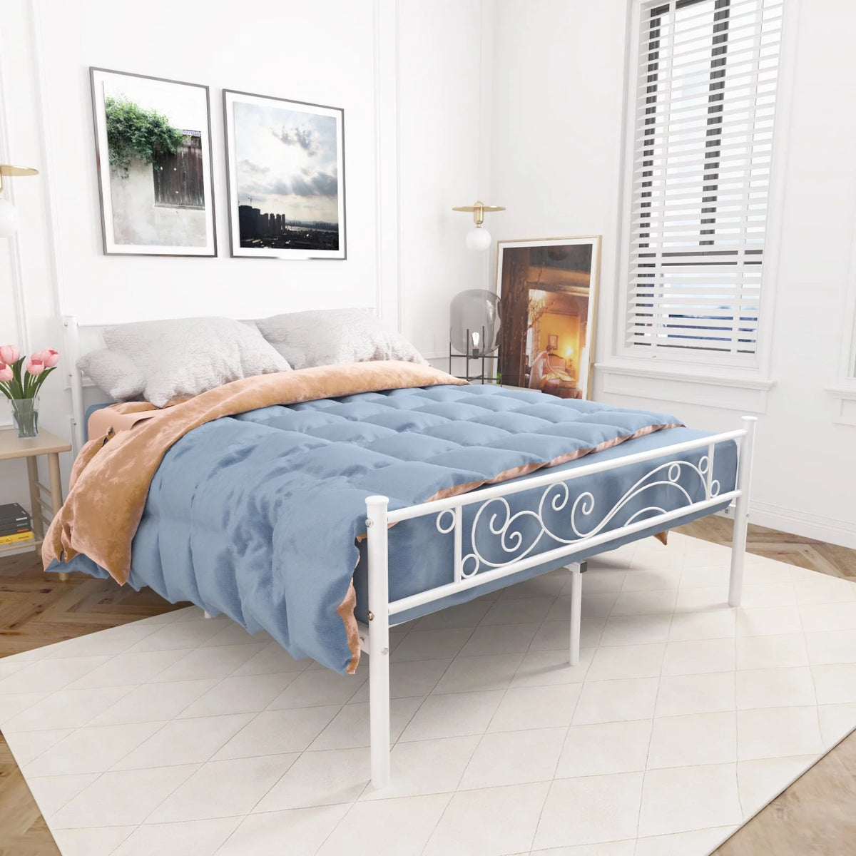 White Metal Twin Size Platform Bed Frame with Wave Headboard M14680