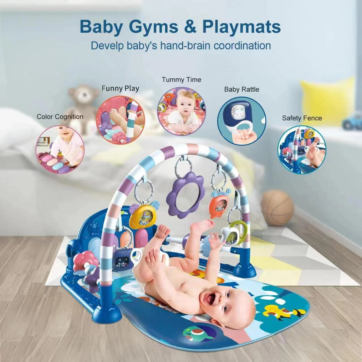 Baby Gym Play Mat 3 in 1 Fitness Rack with Music and Lights Blue A499800