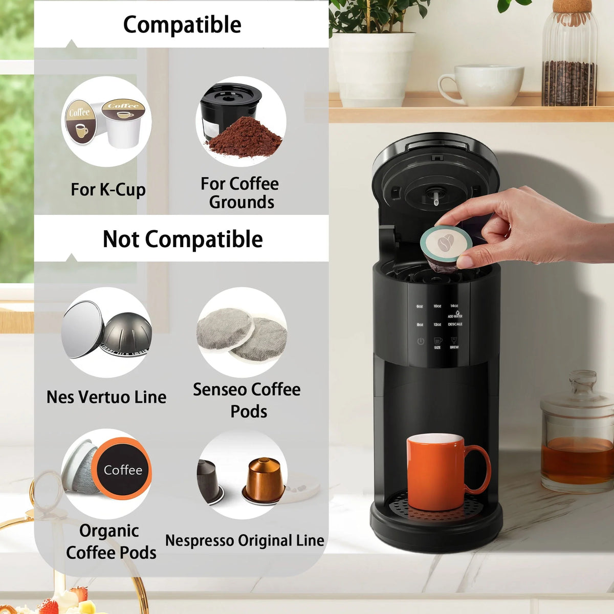 2-in-1 Single Serve Coffee Maker, Black J928903