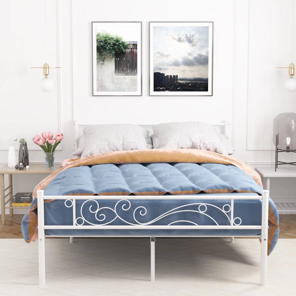 White Metal Twin Size Platform Bed Frame with Wave Headboard M14680