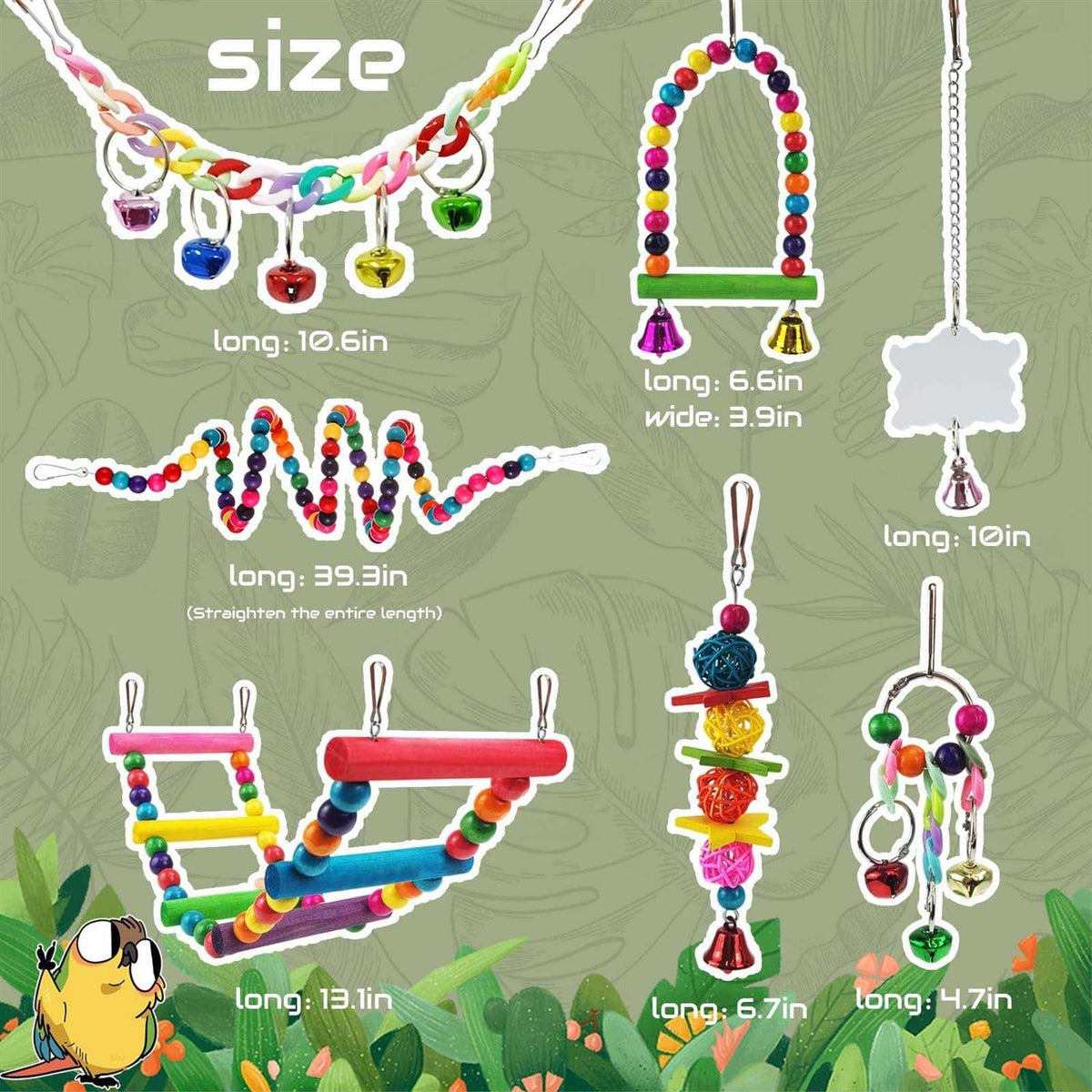 7 Pcs Colorful Bird Toys with Hammock Swing Ladders Mirror Bell Perch N644