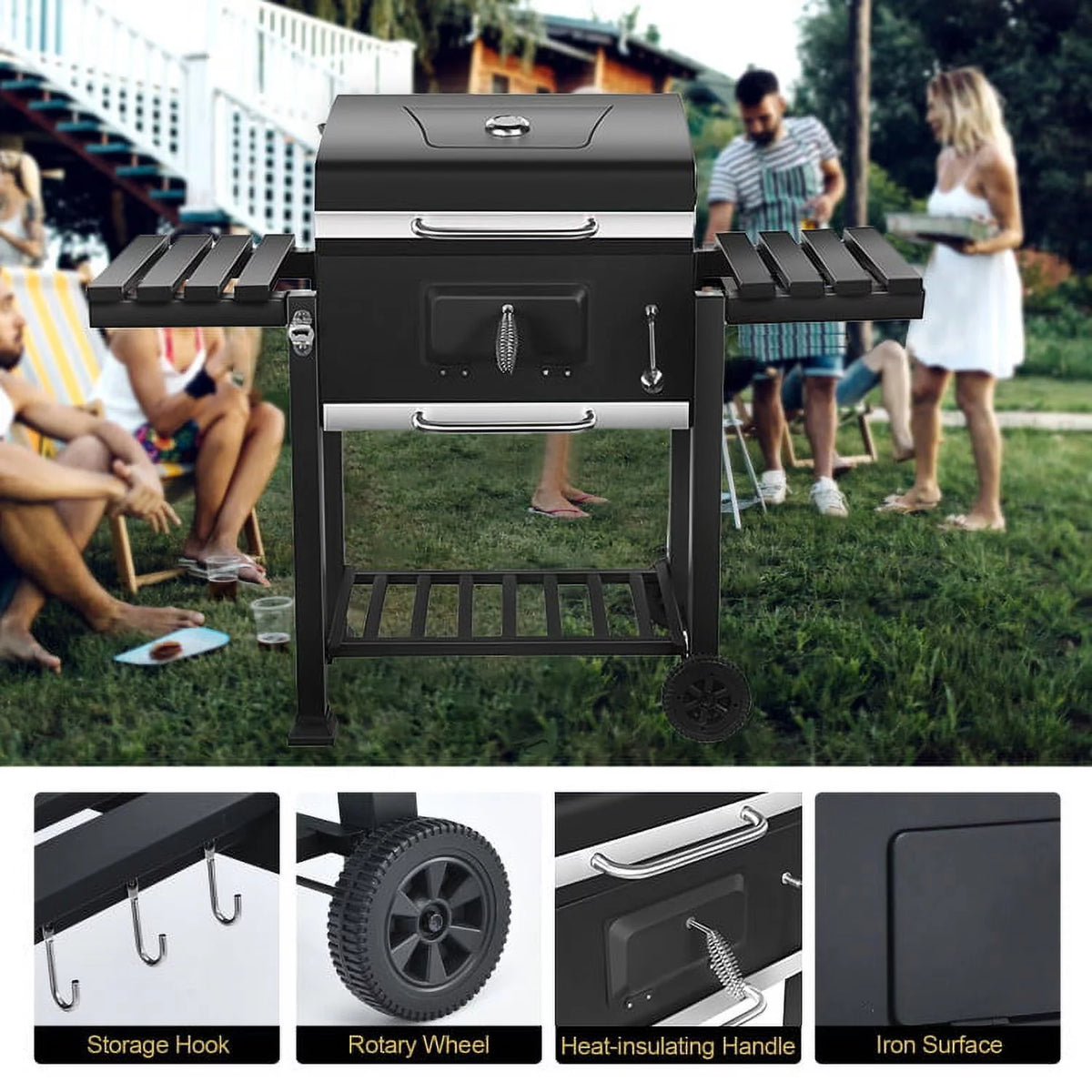 24 Charcoal Grill with Side Shelf and Wheels U543657