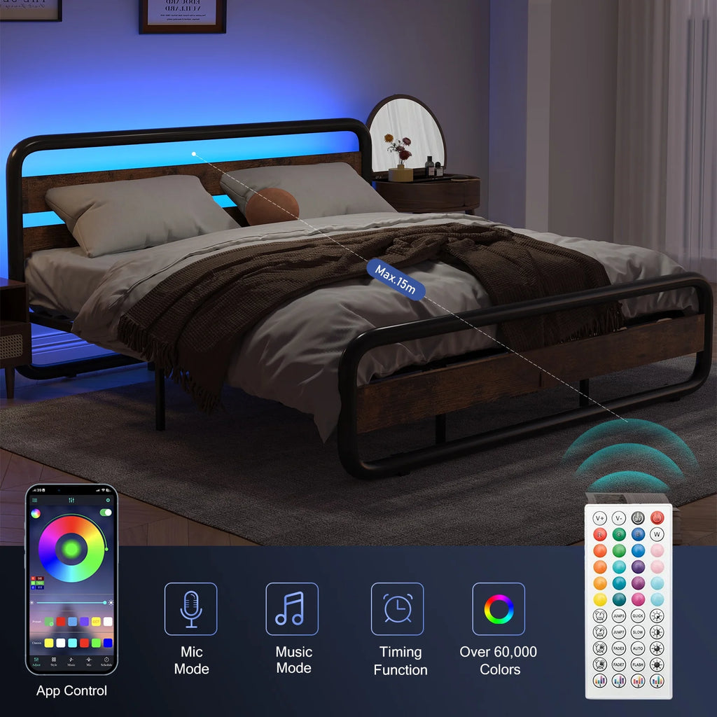Queen Size Wood and Metal Bed Frame with LED Lights M230896