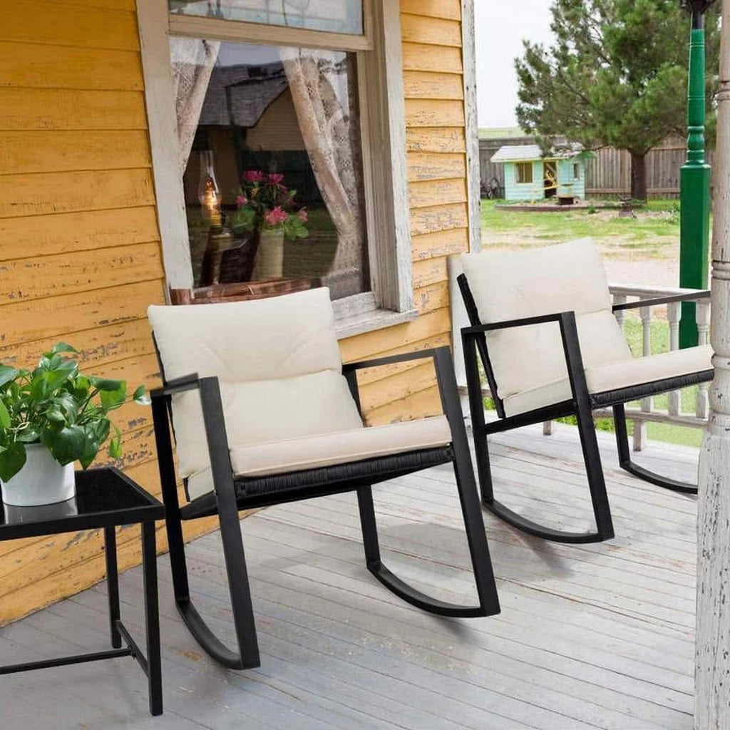 3 Pieces Cushioned PE Rattan Rocking Bistro Set with Glass Coffee Table Y16914