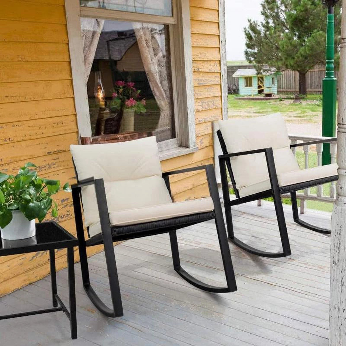 3 Pieces Cushioned PE Rattan Rocking Bistro Set with Glass Coffee Table Y16914