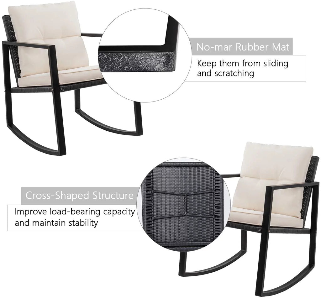 3 Pieces Cushioned PE Rattan Rocking Bistro Set with Glass Coffee Table Y16914