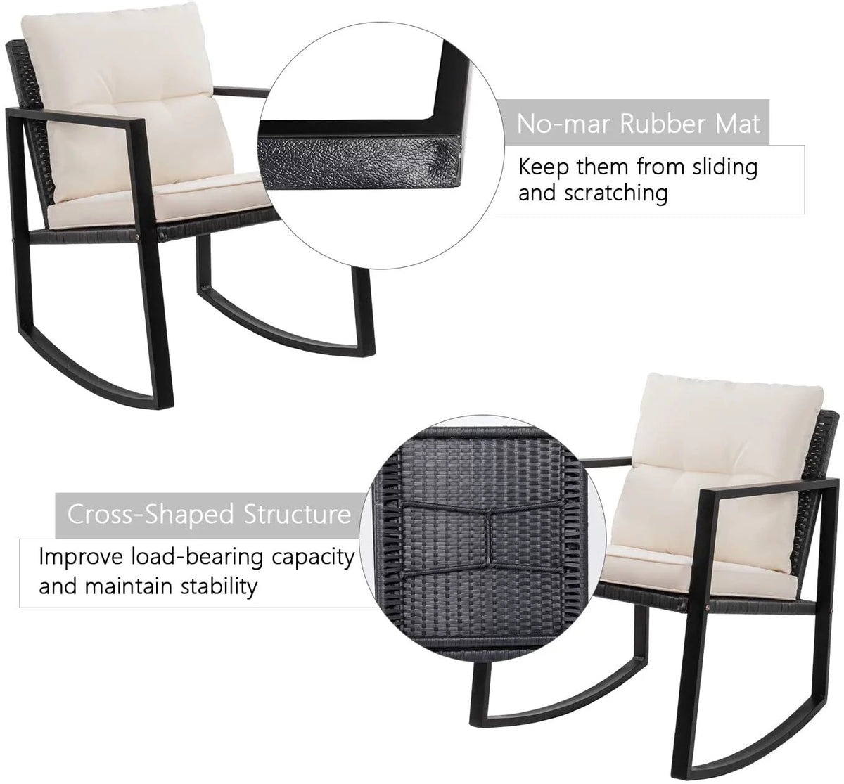 3 Pieces Cushioned PE Rattan Rocking Bistro Set with Glass Coffee Table Y16914