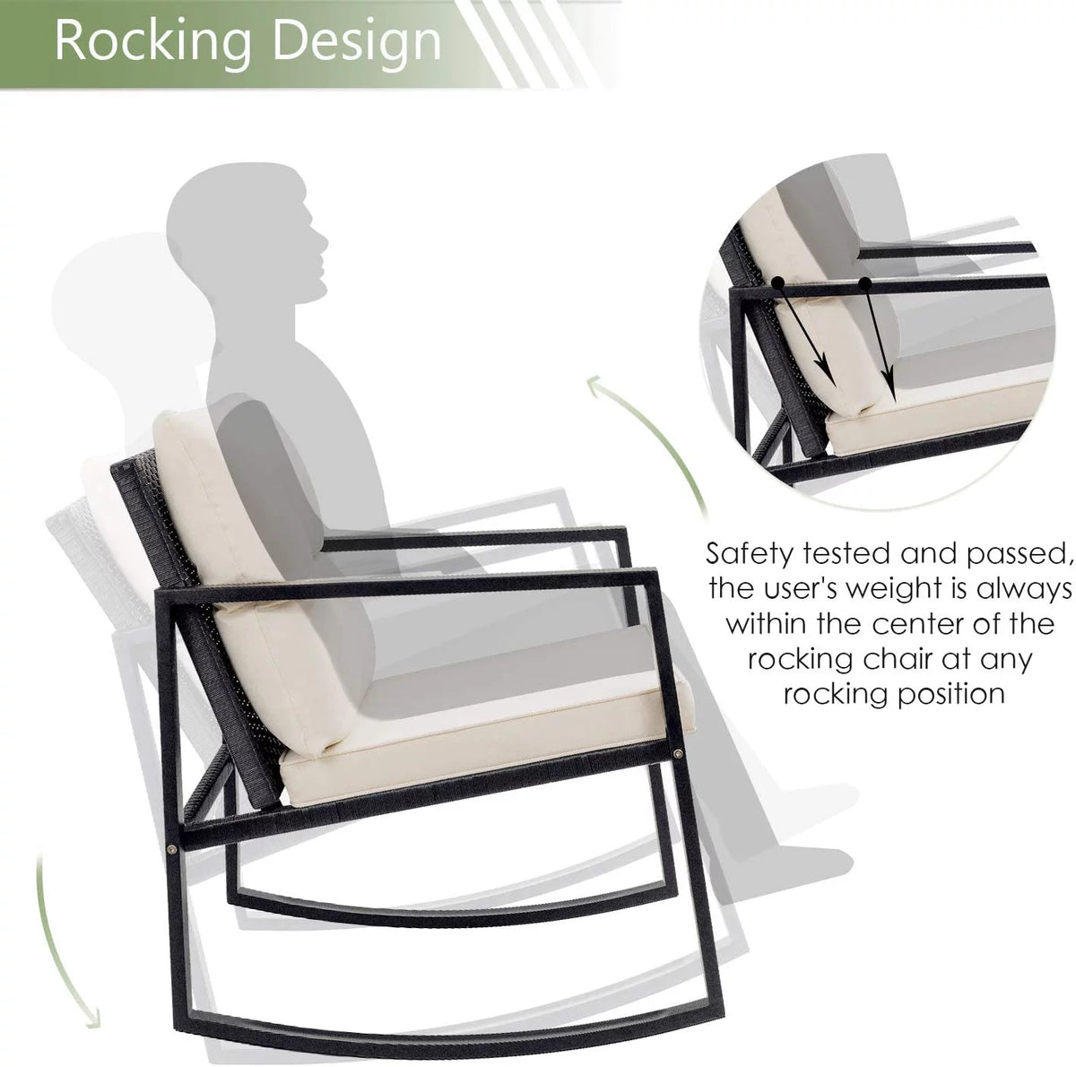 3 Pieces Cushioned PE Rattan Rocking Bistro Set with Glass Coffee Table Y16914