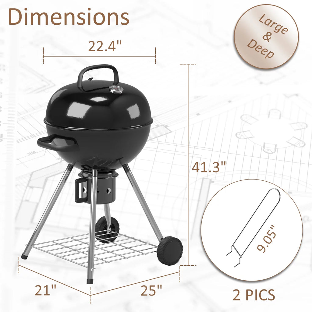29” Black Outdoor Charcoal Grill with Side Shelf and Wheels L98071