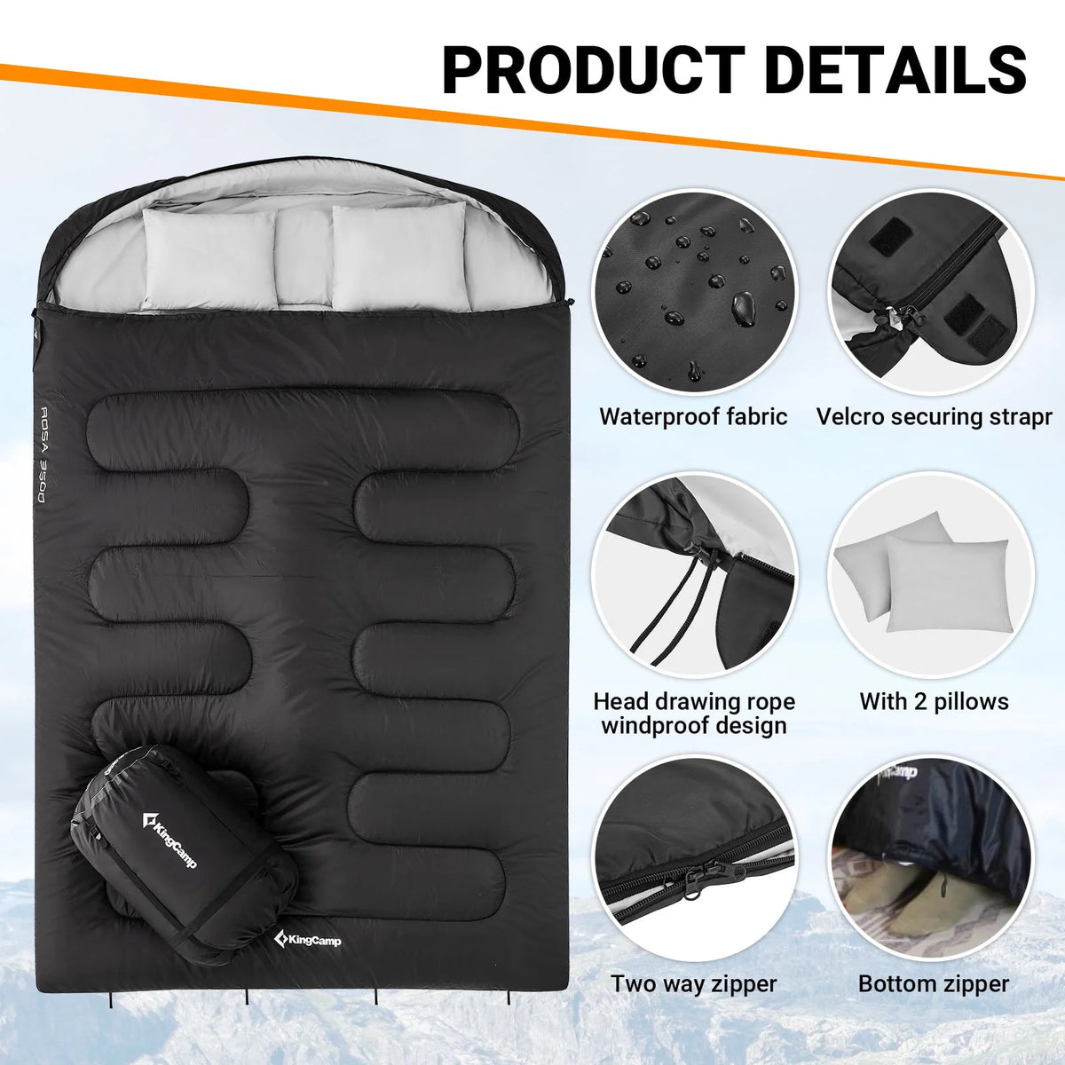 Double 2 Person 3 Season Camping Sleeping Bag with 2 Pillows N16506