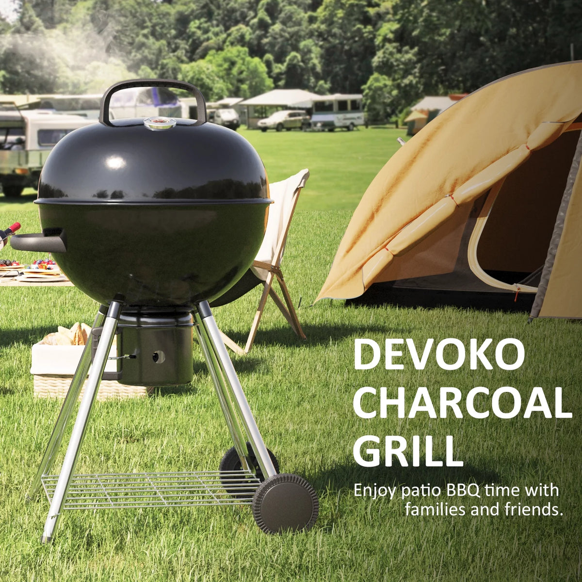 29” Black Outdoor Charcoal Grill with Side Shelf and Wheels L98071