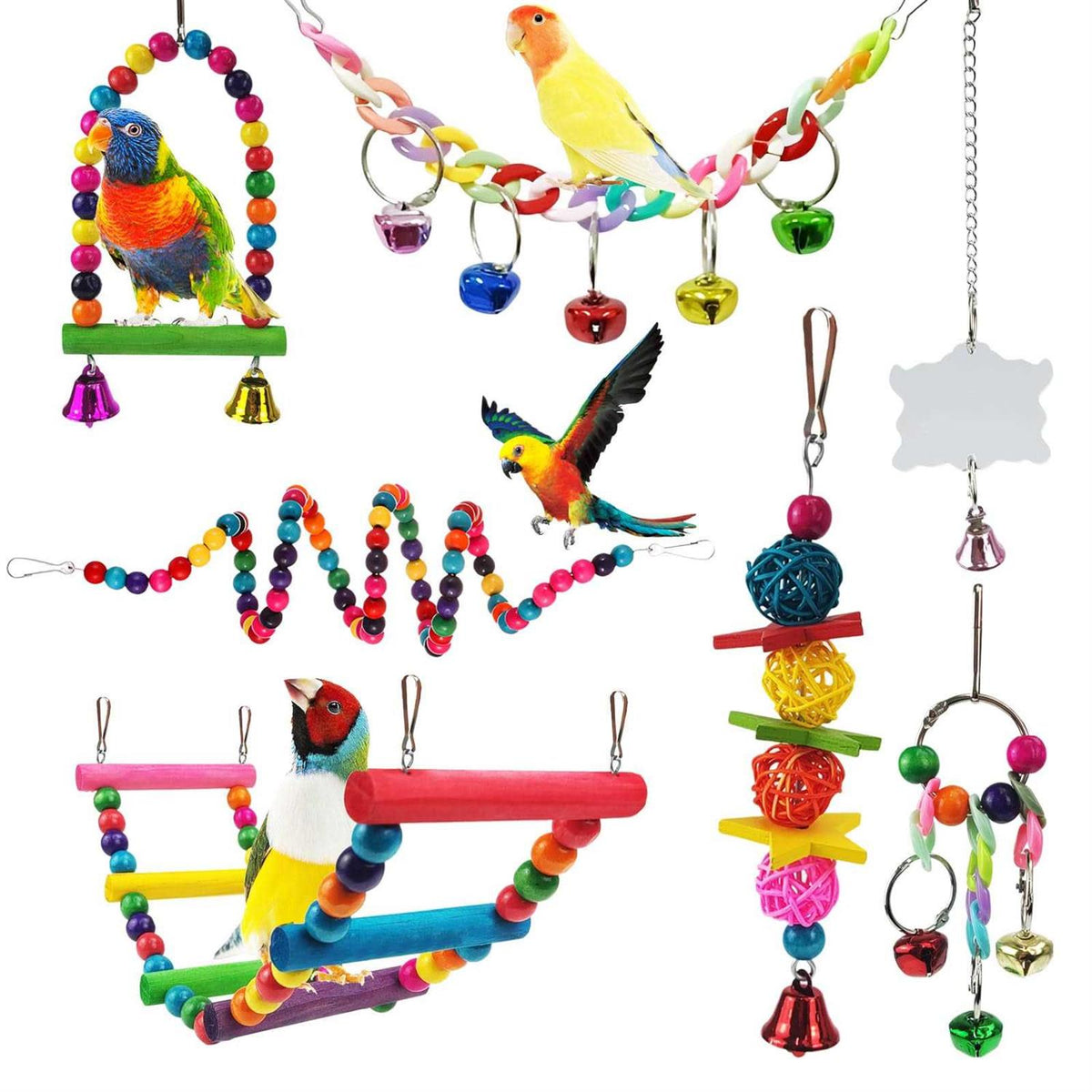 7 Pcs Colorful Bird Toys with Hammock Swing Ladders Mirror Bell Perch N644