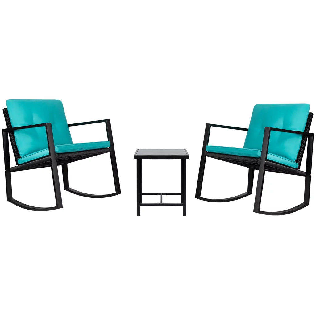 3 Pieces Cushioned PE Rattan Rocking Bistro Set with Glass Coffee Table Y16914