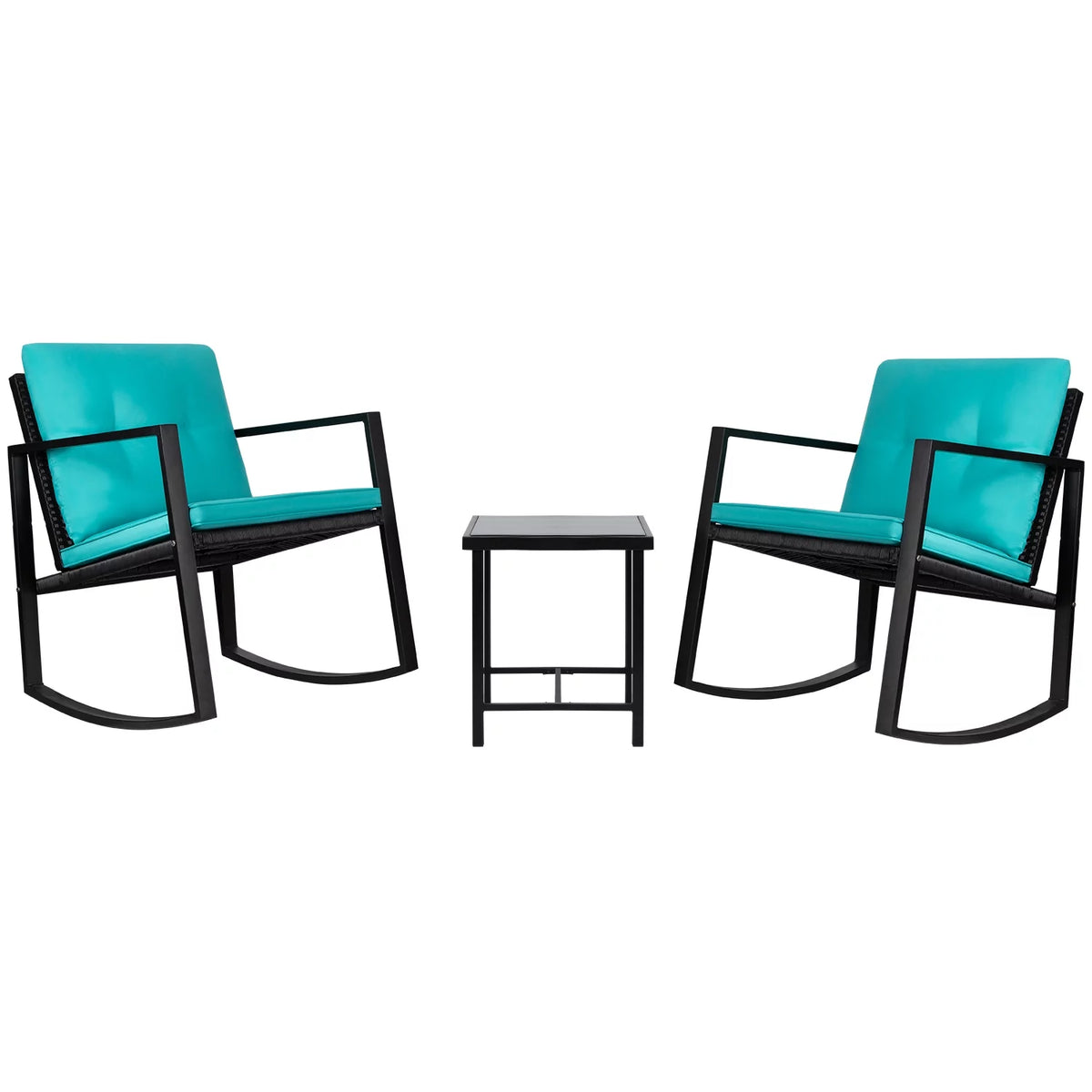 3 Pieces Cushioned PE Rattan Rocking Bistro Set with Glass Coffee Table Y16914