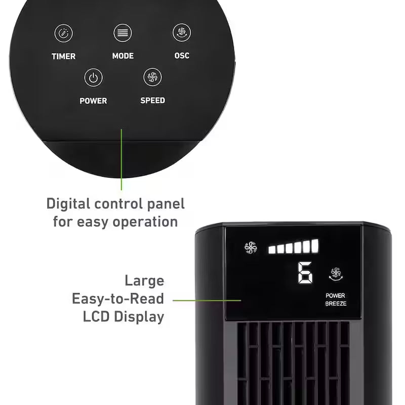 Black 6-Speed Digital Tower Fan with Remote Control C519