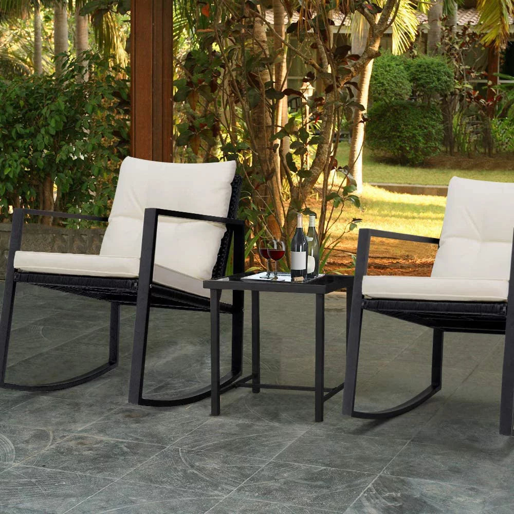 3 Pieces Cushioned PE Rattan Rocking Bistro Set with Glass Coffee Table Y16914