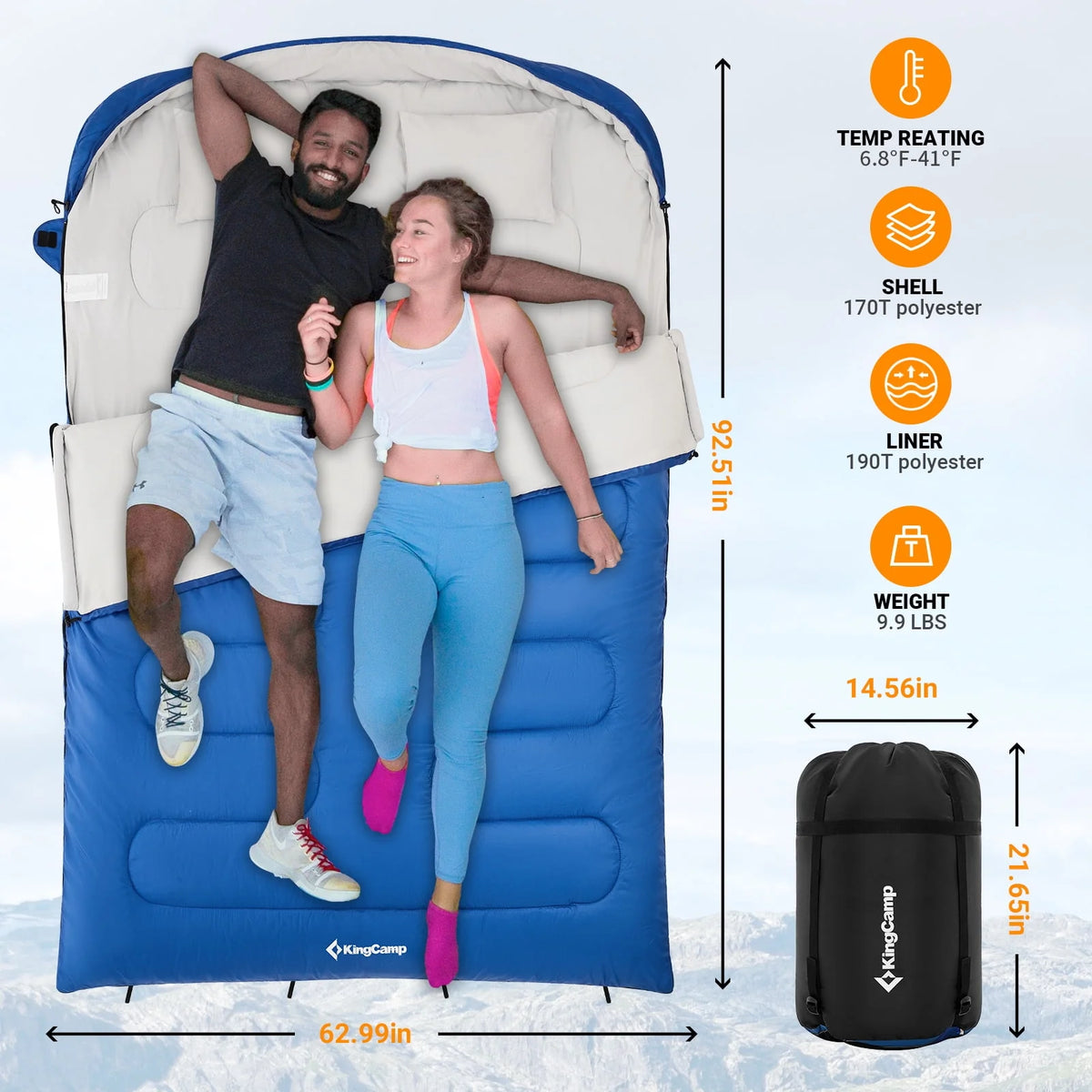 Double 2 Person 3 Season Camping Sleeping Bag with 2 Pillows N16506