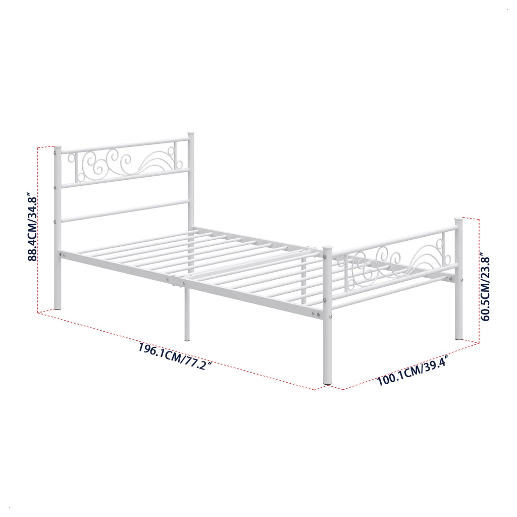White Metal Twin Size Platform Bed Frame with Wave Headboard M14680